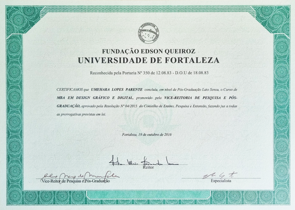 Universidade De Fortaleza Certificado Mba Em Design Gr Fico E Digital